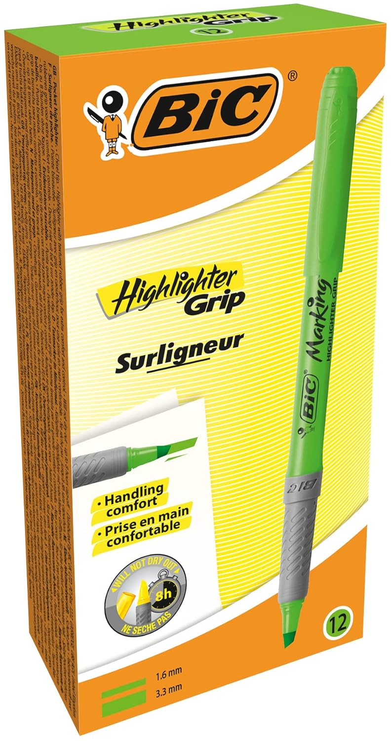 BIC Highlighter Grip Surligneurs Pointe Biseautée - Vert, Boîte de 12