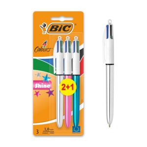 BIC 4 Couleurs Shine Stylos-Bille Rétractables Pointe Moyenne (1,0 mm) - Corps Assortis Métallisés, Blister de 2+1