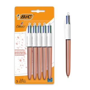 BIC 4 Couleurs Rose Gold, Stylo à Bille Rétractable, Stylo 4 Couleurs, Corps Or Rose Métallisé, Pointe Moyenne 1 mm, Lot de 5