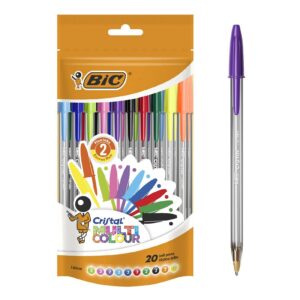 BIC Cristal Multicolour Stylos-Bille Pointe Large (1,6 mm) - Écriture Vive et Colorée - Couleurs Assorties, Pochette Refermable de 20