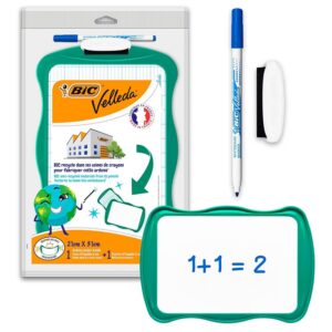 BIC Velleda Ardoise Ecolier Double Face (21 x 31 cm) Effaçable à Sec avec Feutre Bleu Effaçable à Sec et Effacette - Verte, Lot de 1