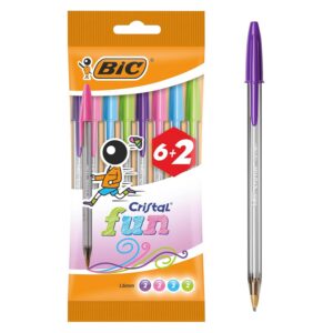 BIC Cristal Fun Stylos-Bille Pointe Large (1,6 mm) - Écriture Large et Intense - Couleurs Assorties, Pochette Format Spécial de 8