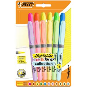 BIC Highlighter Grip Surligneurs Pointe Biseautée - Couleurs Fluo Assorties Intenses et Pastel, Blister de 12