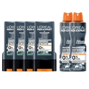 L'Oréal Men Expert - Routine Magnesium Defense Gel Douche & Déodorant Homme - 4x Gels Douche Magnesium Defense, 2x Déodorants Magnesium Defense