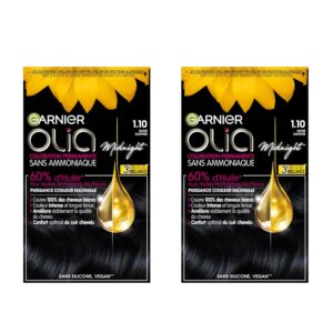 Garnier Olia Teinture Permanente pour Cheveux Sans Ammoniaque Coloration aux Huiles de Fleurs Naturelles à Action Illuminante et Nourrissante Couleur 1.10 Noir Saphir-2 Packs, 460.0 millilitres