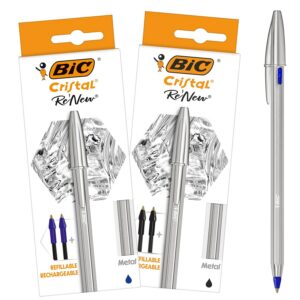 BIC Cristal Re'New - Stylo-Bille Premium en Métal et Rechargeable - Parfait pour l'Ecole et au Bureau - Bleu et Noir, Lot de 2+4 Recharges