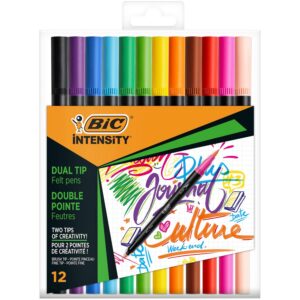 BIC Intensity feutre d'écriture Double Pointe et Corps Noir Mat - Couleurs assorties, Pochette de 12