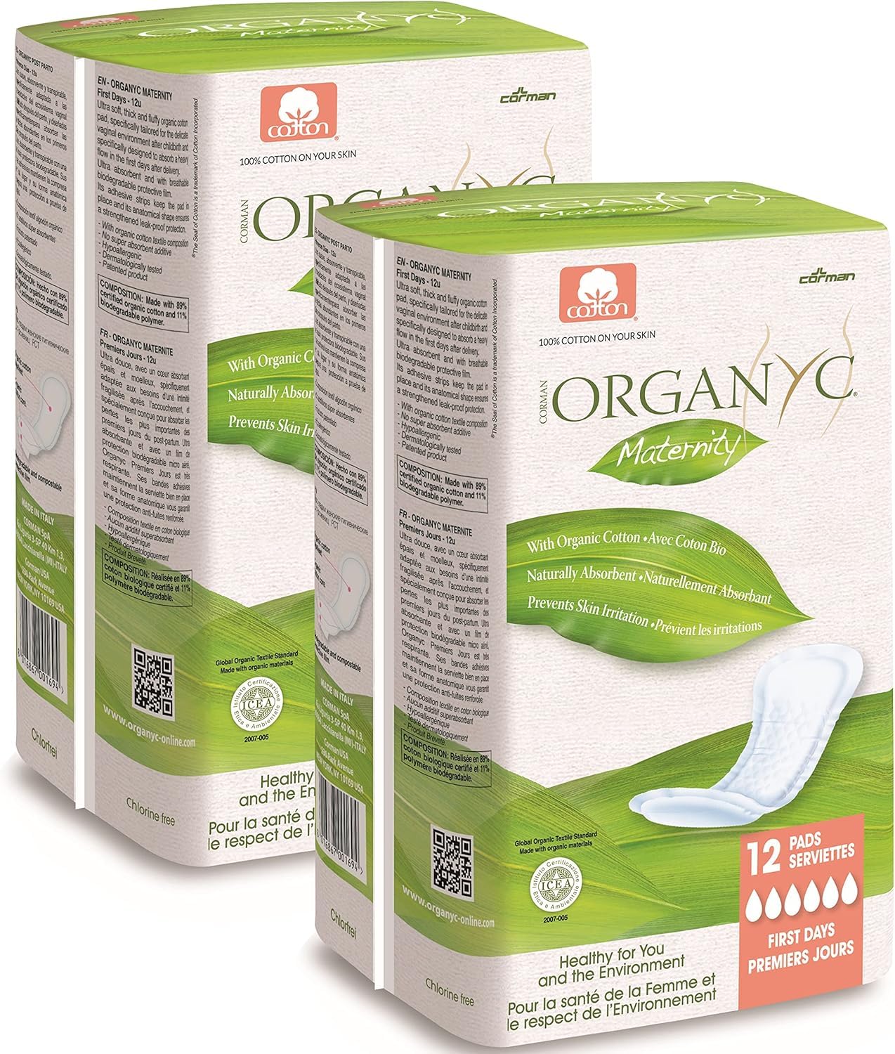 Organyc Lot de 2 packs de 12 serviettes hygiéniques de maternité en coton biologique