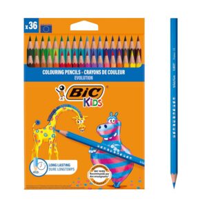BIC Kids Evolution ECOlutions Crayons de Couleur pour enfants - Couleurs Assorties, Etui Carton de 36