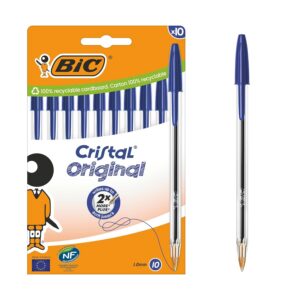 BIC Cristal Original Stylos-Bille Pointe Moyenne (1,0 mm) - Parfait pour l'Ecole et au Bureau - Bleu, Boîte carton de 10