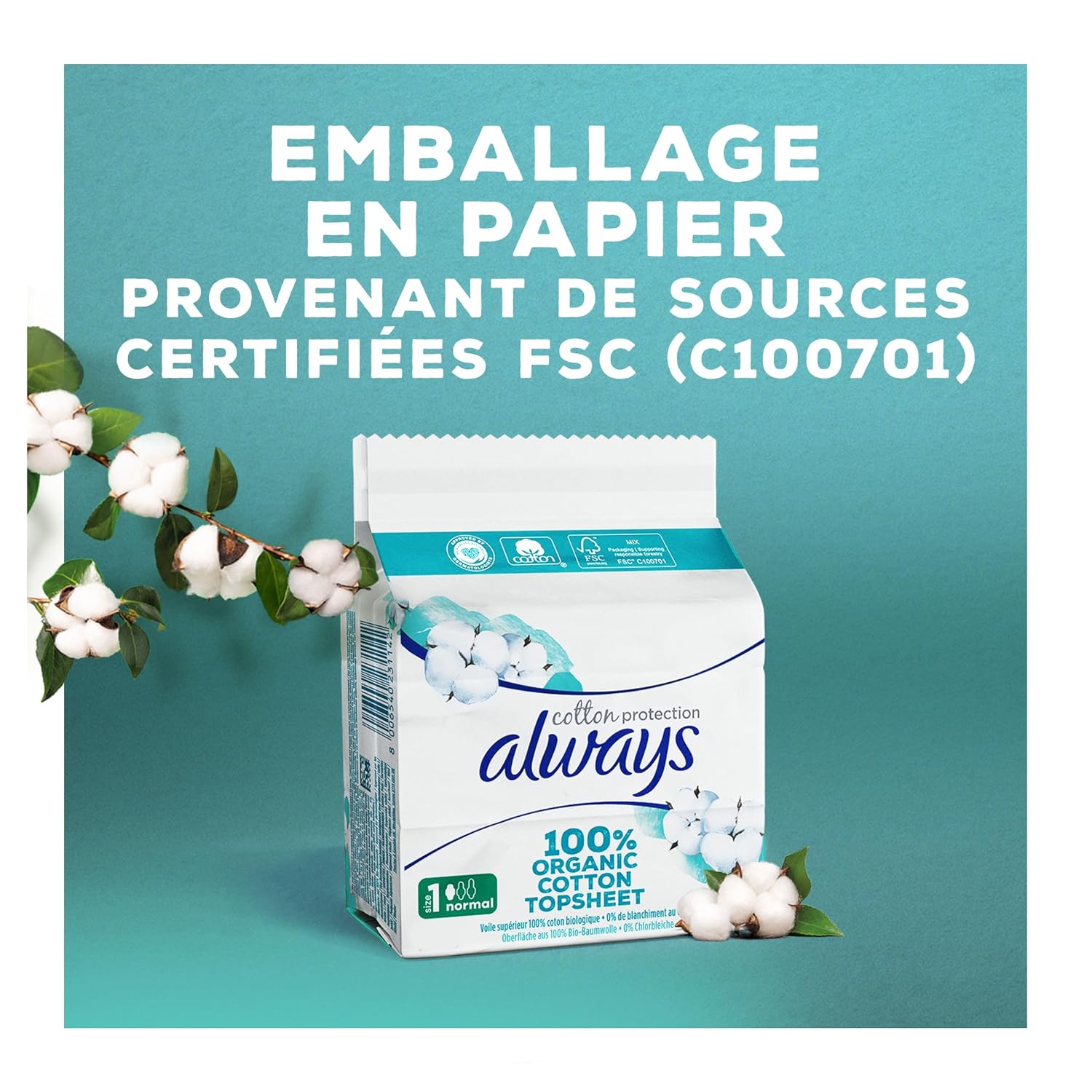 Always Cotton Protection Night Serviettes Avec Ailettes X8, Voile Supérieur 100% Coton Biologique – Image 4