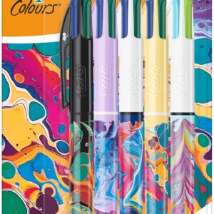 BIC 4 Couleurs Décors Stylos-bille Pointe Moyenne (1,0 mm) - Couleurs d'Encre Classiques et Ludiques - Série Hydro Dipping, Lot de 5