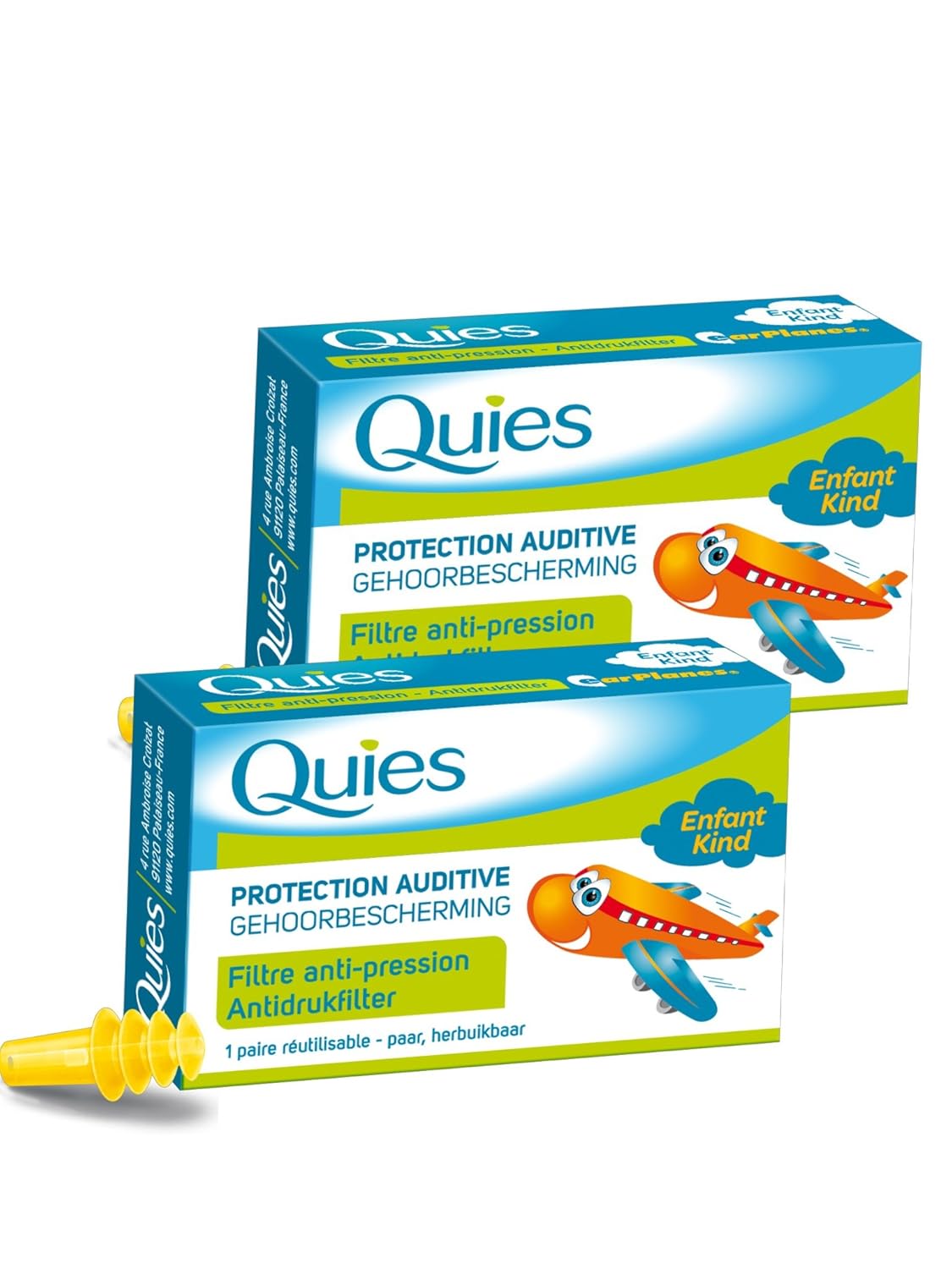 Quies EarPlanes Enfant Protection auditive spécial avion - Lot de 2 Paires