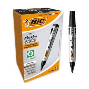 BIC Marking 2000 ECOlutions Marqueurs Permanents à Pointe Conique Moyenne - Pour Carton, Plastique, Bois, Métal - Noir, Boîte de 12