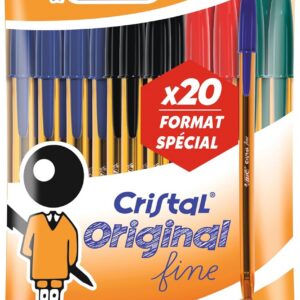 BIC Cristal Original Stylos-Bille Pointe Fine (0,8 mm) - Écriture Fine et Précise - Couleurs Assorties, Pochette Format Spécial de 20