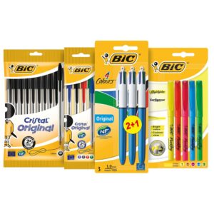 BIC Kit Les Essentiels , 3 Stylos 4 Couleurs, 5 Highlighter Surligneurs, 14 Cristal Original Stylos-Bille, Lot de 22 produits