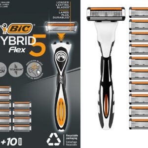 BIC Hybrid 5 Flex Rasoir Homme, 1 Manche Lesté, 10 Recharges 5 Lames en Titane avec revêtement en Nanotech, Lame de Précision - Pack de 1+10