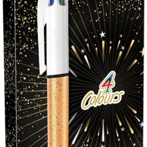 BIC 4 Couleurs, Stylo 4 Couleurs, 2 Stylos Bille Dorés Texturés Effet Givré et 1 Stylo à Bille Argenté Effet Métallisé, Pointe Moyenne (1 mm), Lot de 3