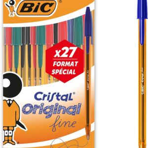 BIC Cristal Original Stylos-Bille Pointe Fine (0,8 mm) - Écriture Fine et Précise - Couleurs Assorties - Corps Orange - Pochette Format Spécial de 27