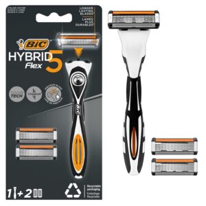 BIC Hybrid 5 Flex - Rasoir Rechargeable pour Homme, 5 Lames avec Bande Lubrifiante pour un Rasage Précis - Boîte de 1 Manche + 2 Recharges