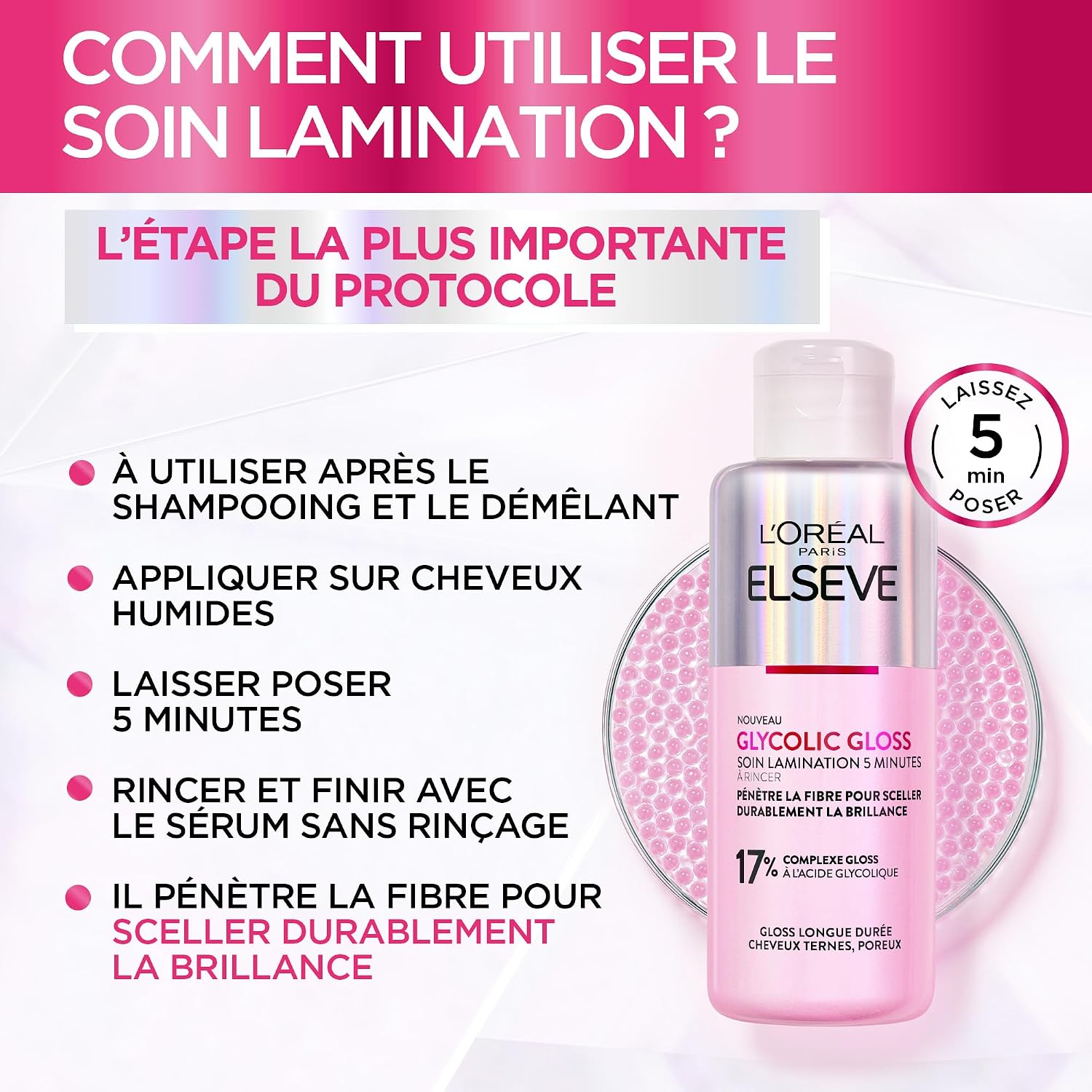 L'Oréal Paris Elvive Glycolic Gloss Après-Shampooing 150ml + Shampoing 200ml + Sérum Sans Rinçage 150ml + Traitement de Laminage 5 Minutes 200ml pour Cheveux Ternes et Poreux - 4 Flacons – Image 5