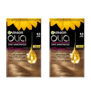 Garnier Olia Teinture Permanente pour Cheveux Sans Ammoniaque Coloration avec des Huiles de Fleurs d’Origine Naturelle à Action Illuminante et Nourrissante Couleur 8.0 Blond Clair - 2 Packs