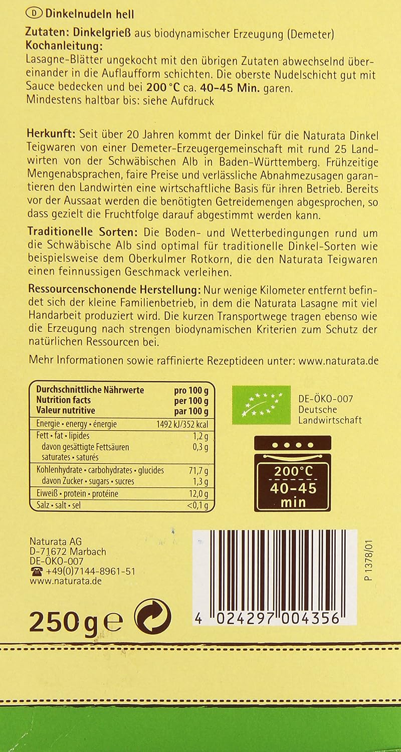 Naturata Lasagne Épeautre Bio 250 g – Image 2