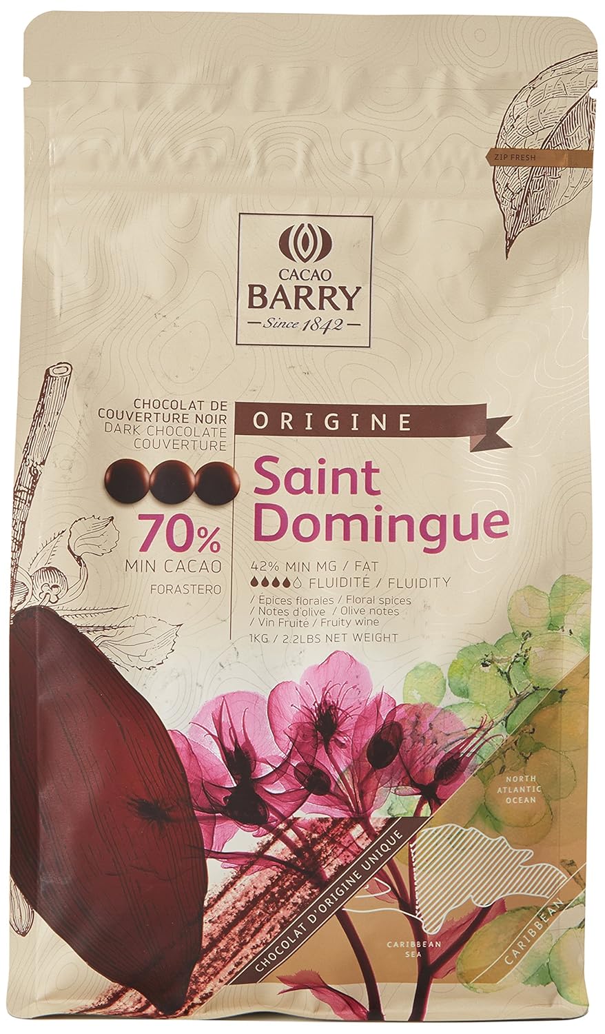 CACAO BARRY CHD-Q70SDO-2B-U73 - 70% Min Cacao Chocolat Saint Domingue Pistoles 1 kg