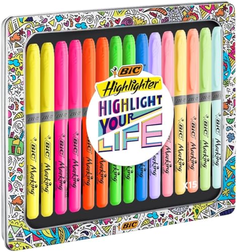 BIC Highlighter Grip — Surligneurs assortis, boîte métal 15 pcs