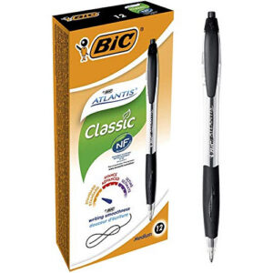 BIC Atlantis Classic — Stylos-bille rétractables noir, boîte de 12