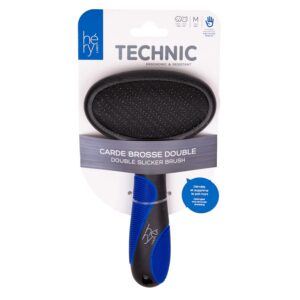 Carde Brosse Double Taille M Héry Technic pour Chien et Chat - Démêle et Supprime les Poils Morts, Face Nylon Lustreuse, Picots Souples Recourbés, Manche Ergonomique Antidérapant