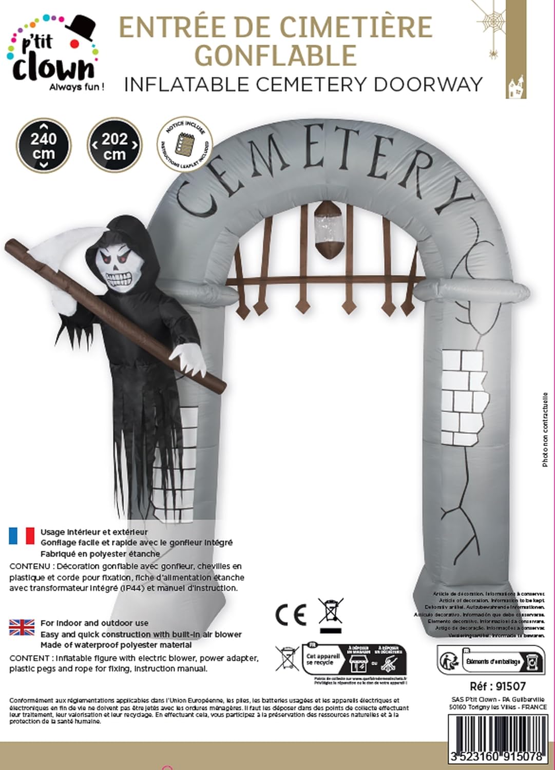 P'TIT CLOWN - 91507 - Entrée de Cimetière Géante Gonflable - Lumineux - Gonfleur Intégré - Décoration Intérieure et Extérieure pour Halloween - Fonctionne sur Secteur - 2,40 m de Haut – Image 2