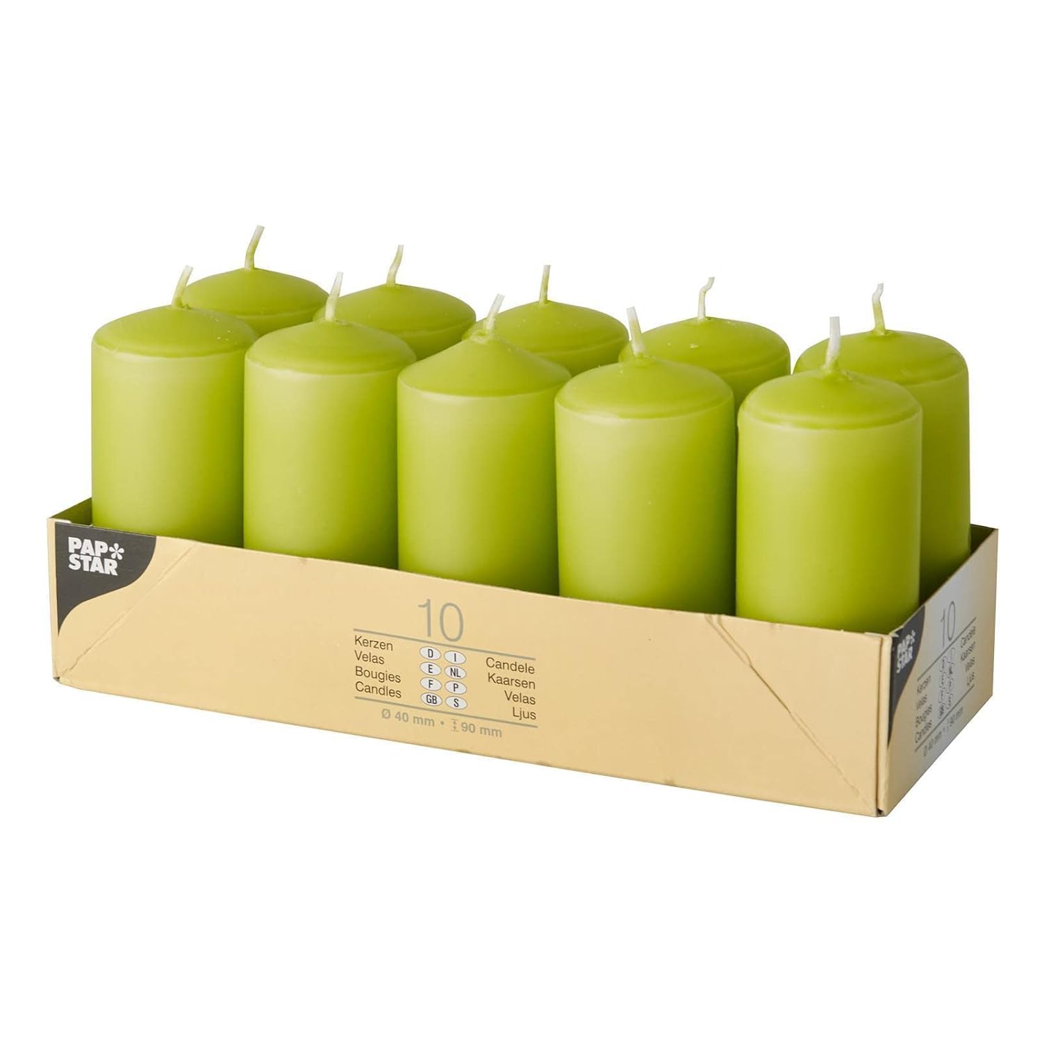 PAPSTAR — Lot de 10 bougies cylindriques vert kiwi 40 x 90 mm