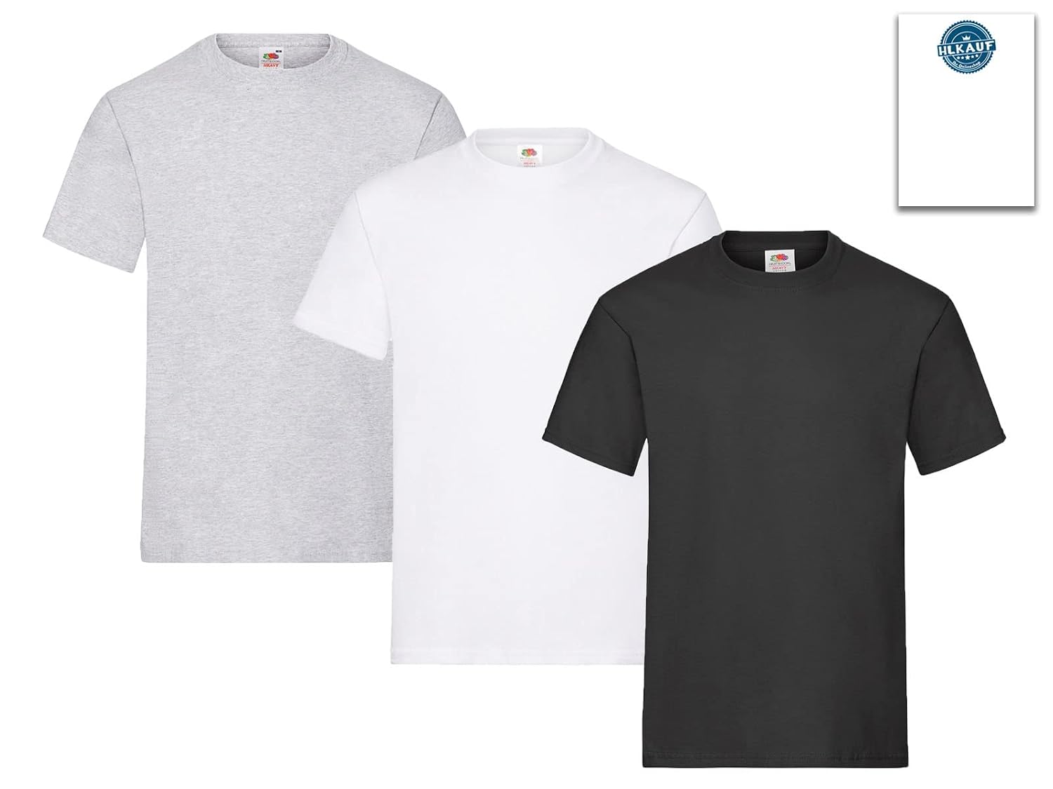 Fruit of the Loom Lot de 3 t-shirts pour homme Taille XL (1 x noir, 1 x blanc, 1 x gris) Avec 1 bloc-notes HL Kauf – Image 2