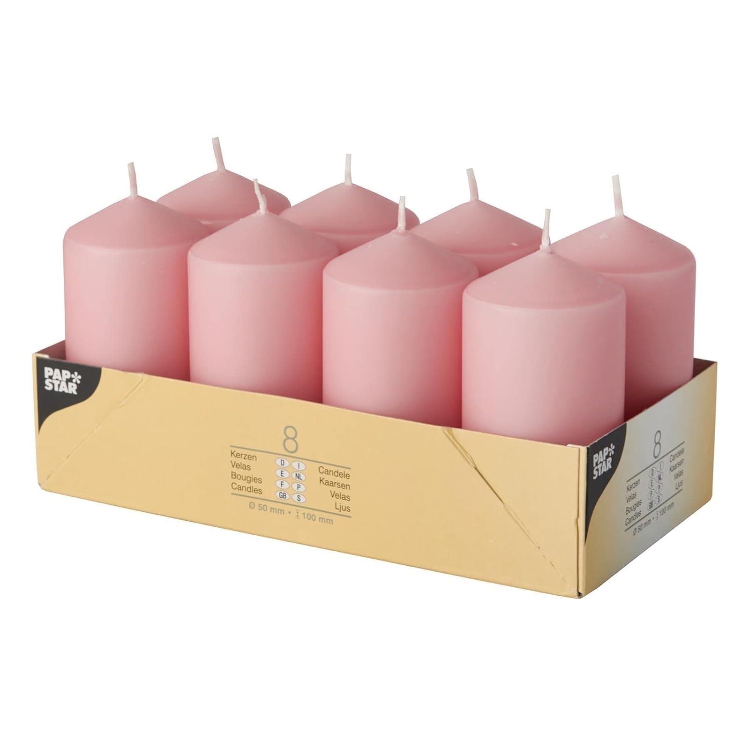 PAPSTAR — Lot de 8 bougies piliers vieux rose Ø 50 x 100 mm