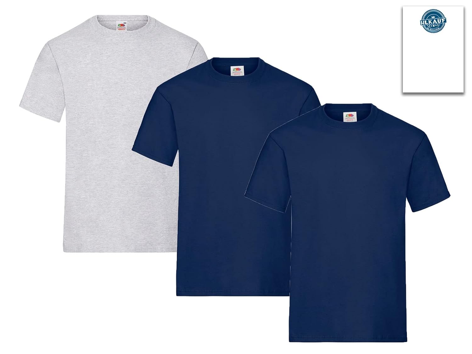 Fruit of the Loom Lot de 3 t-shirts pour homme Taille 3XL (2 x bleu marine, 1 x gris) Avec 1 bloc-notes HL Kauf – Image 2