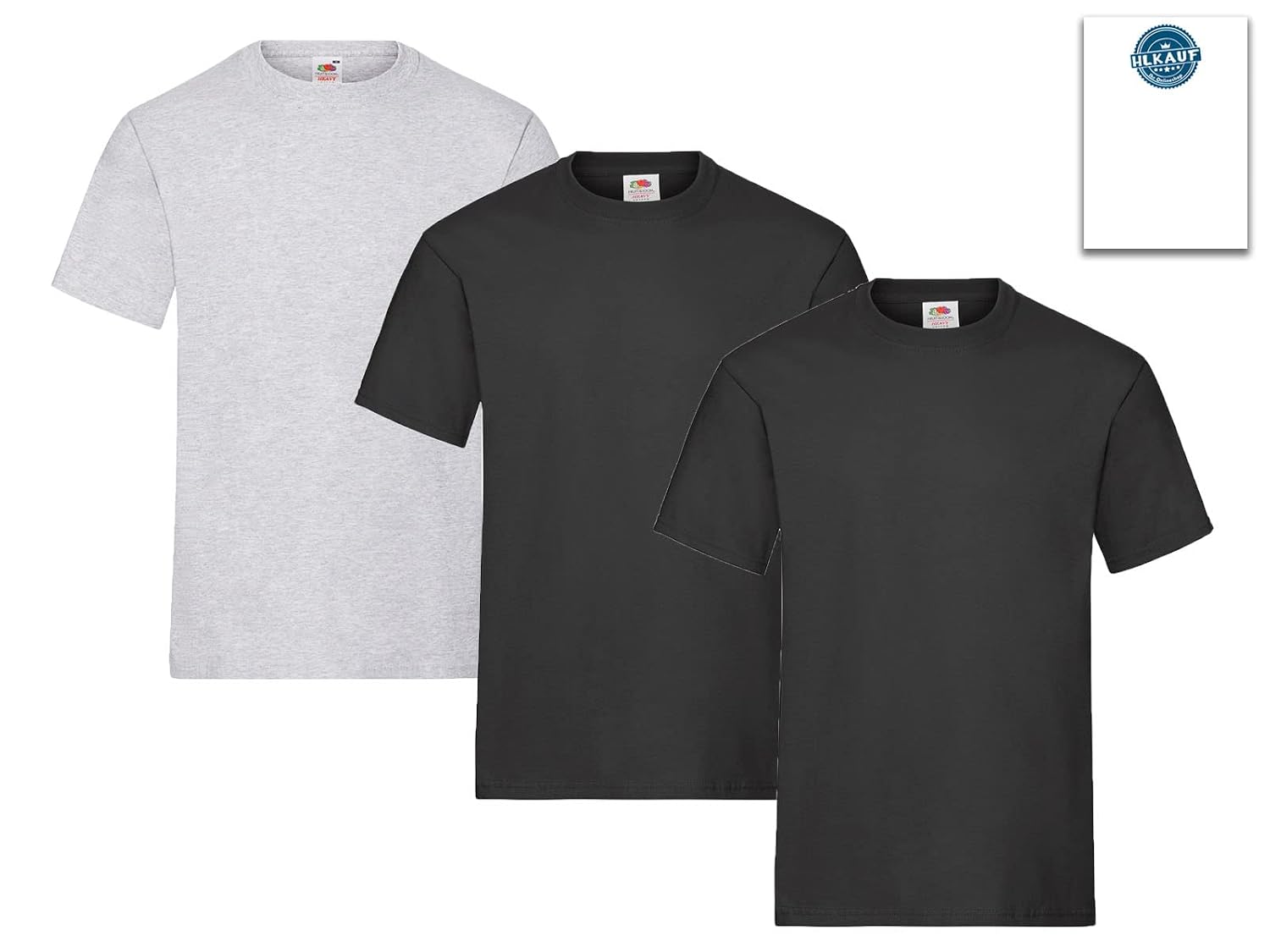 Fruit of the Loom Lot de 3 t-shirts pour homme Taille XXL (2 x noir, 1 x gris) Avec 1 bloc-notes HL Kauf – Image 2