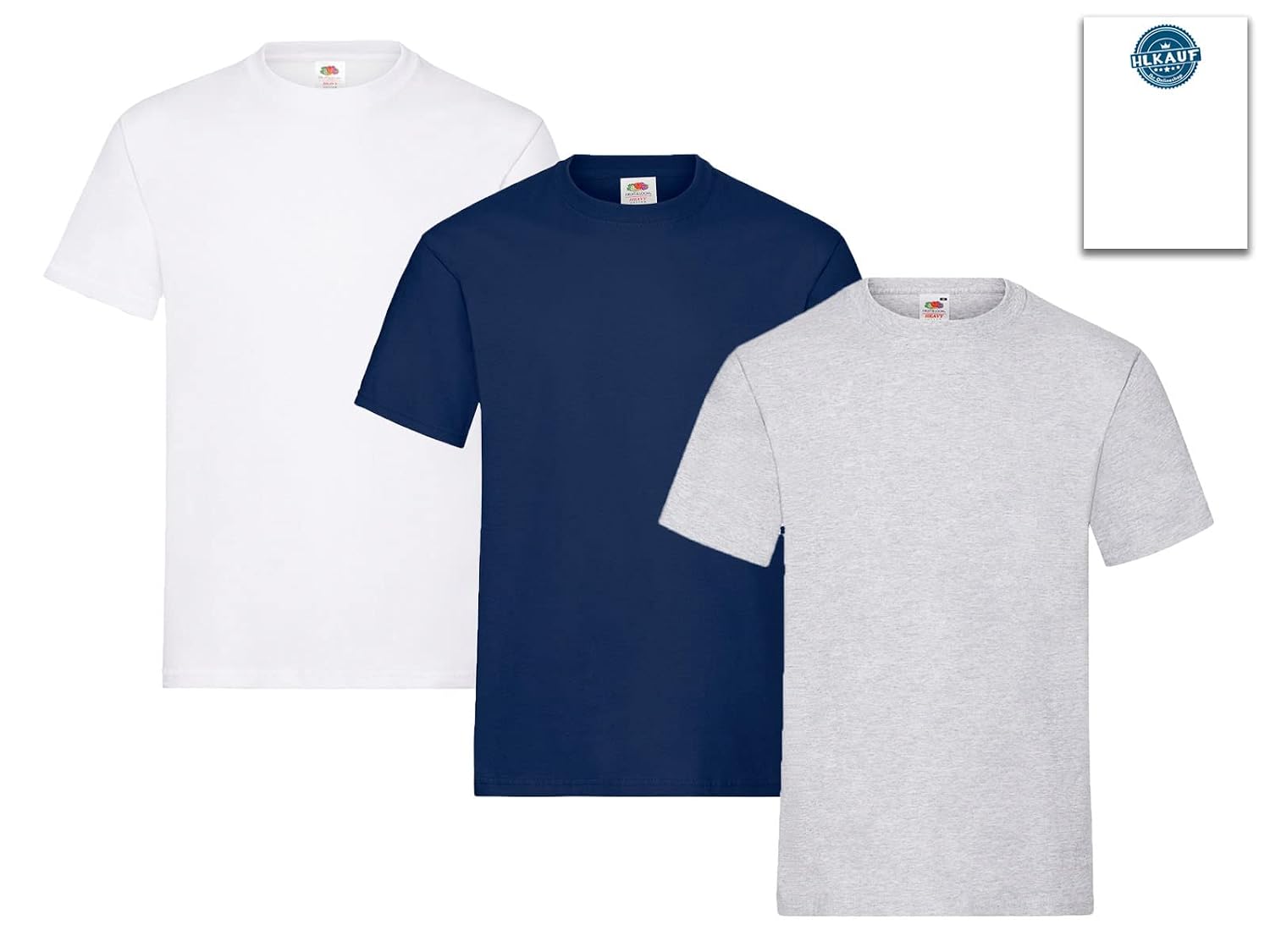 Fruit of the Loom Lot de 3 t-shirts pour homme Taille 3XL (1 x blanc, 1 x gris, 1 x bleu marine) Avec 1 bloc-notes HL Kauf – Image 2