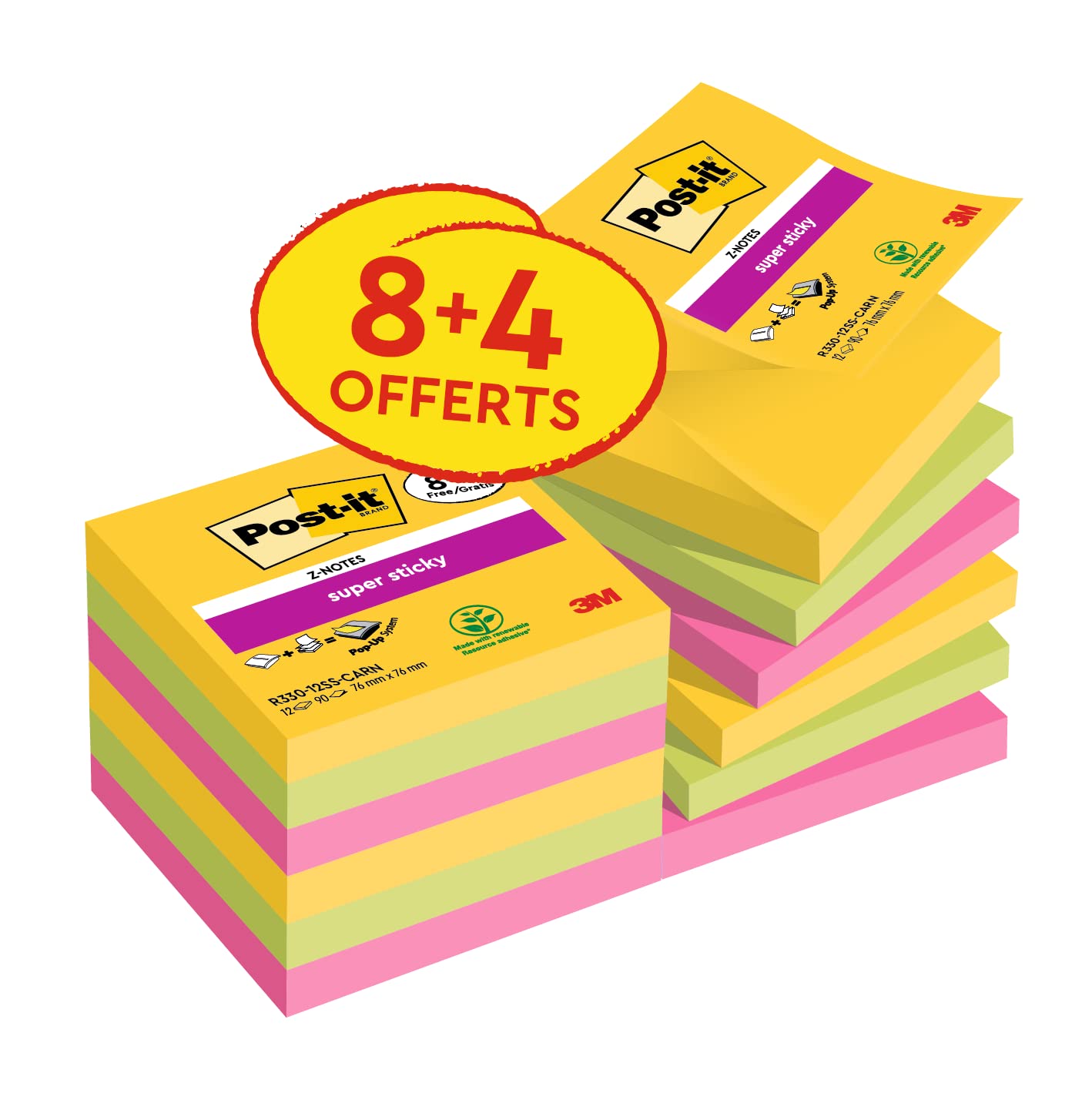 POST-IT Z-Notes Super Sticky — Pack 12 Blocs 76 x 76 mm