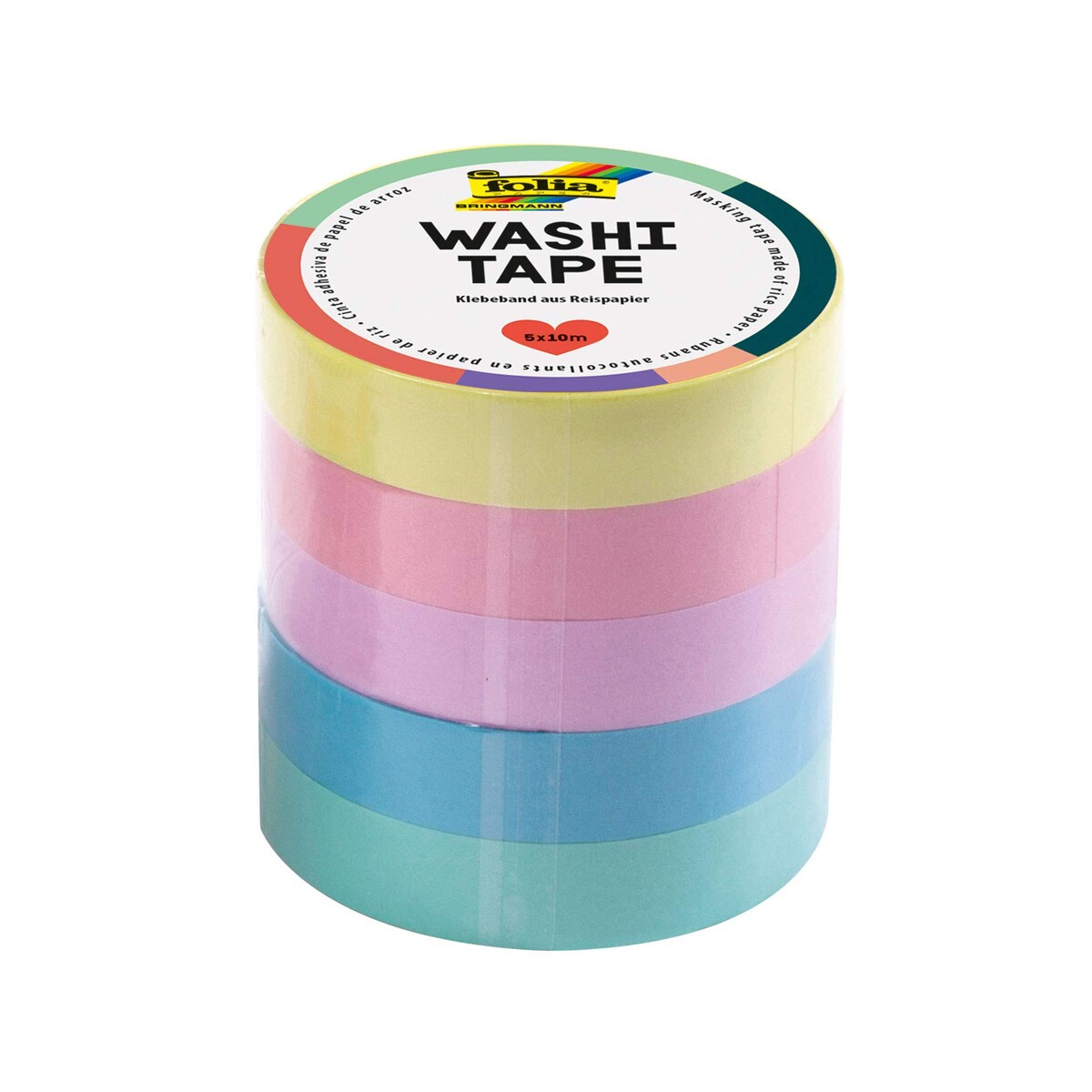 FOLIA — Lot de 5 rubans adhésifs Washi pastel 10 m x 10 mm
