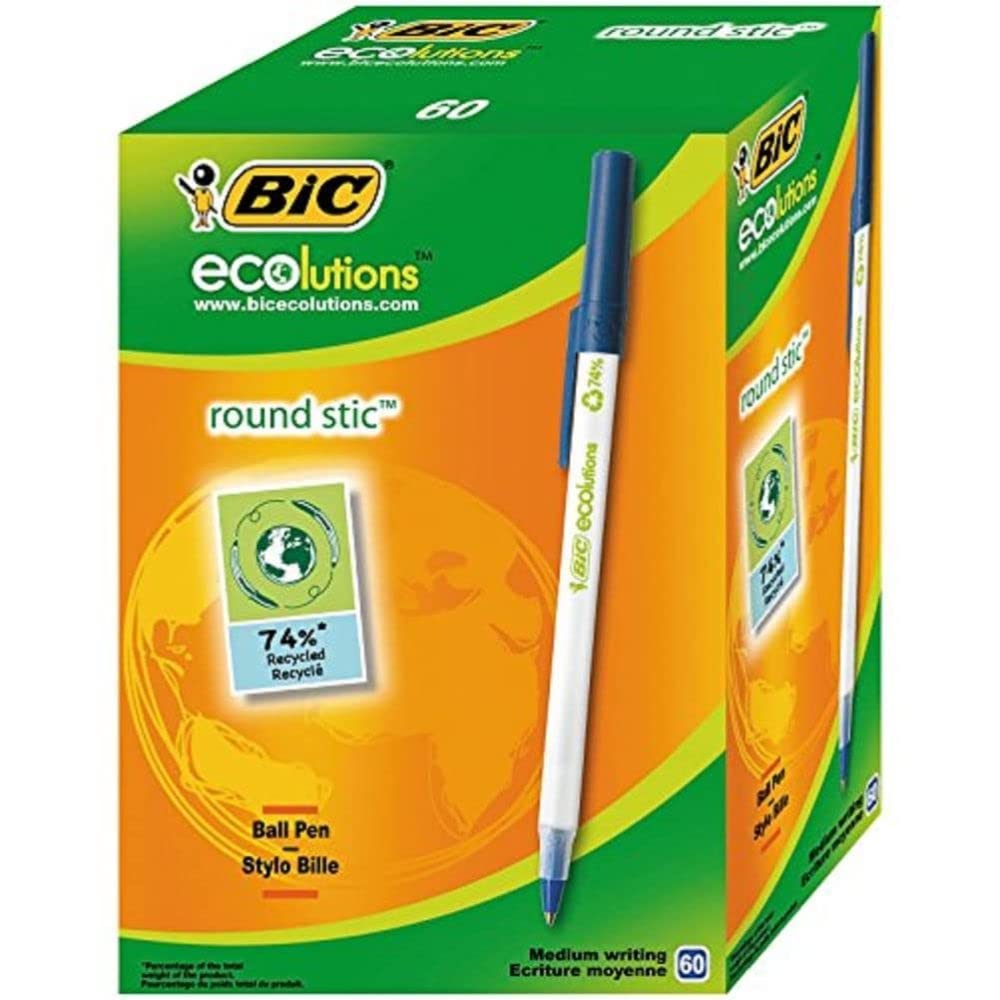 BIC Round Stic ECOlutions — Boîte de 60 Stylos-Bille Bleus