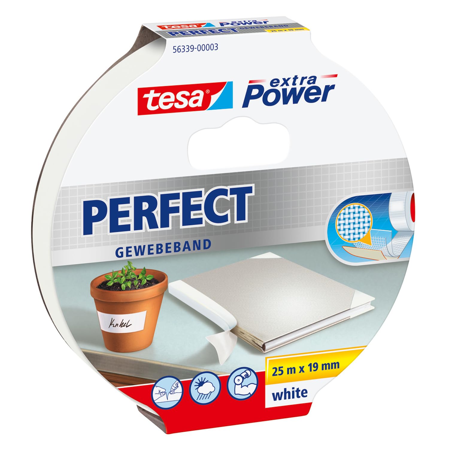 TESA extra Power Perfect — Ruban adhésif toilé blanc 25 m x 19 mm
