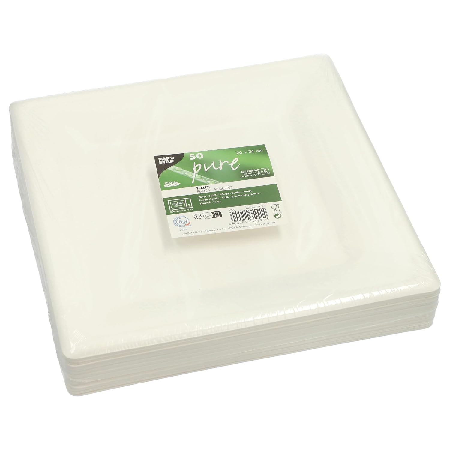 PAPSTAR Pure — Lot de 50 assiettes carrées 26 x 26 cm