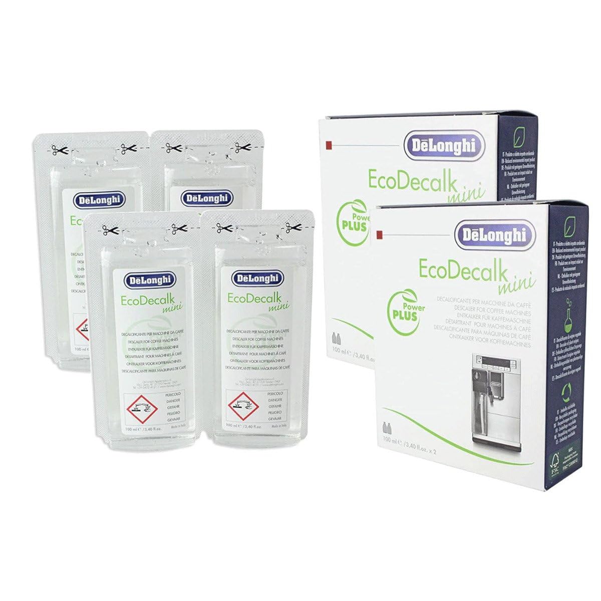 DeLonghi EcoDecalk Mini Lot de 2 pièces de détartrant pour machine à café (total 4 sachets de 100 ml)