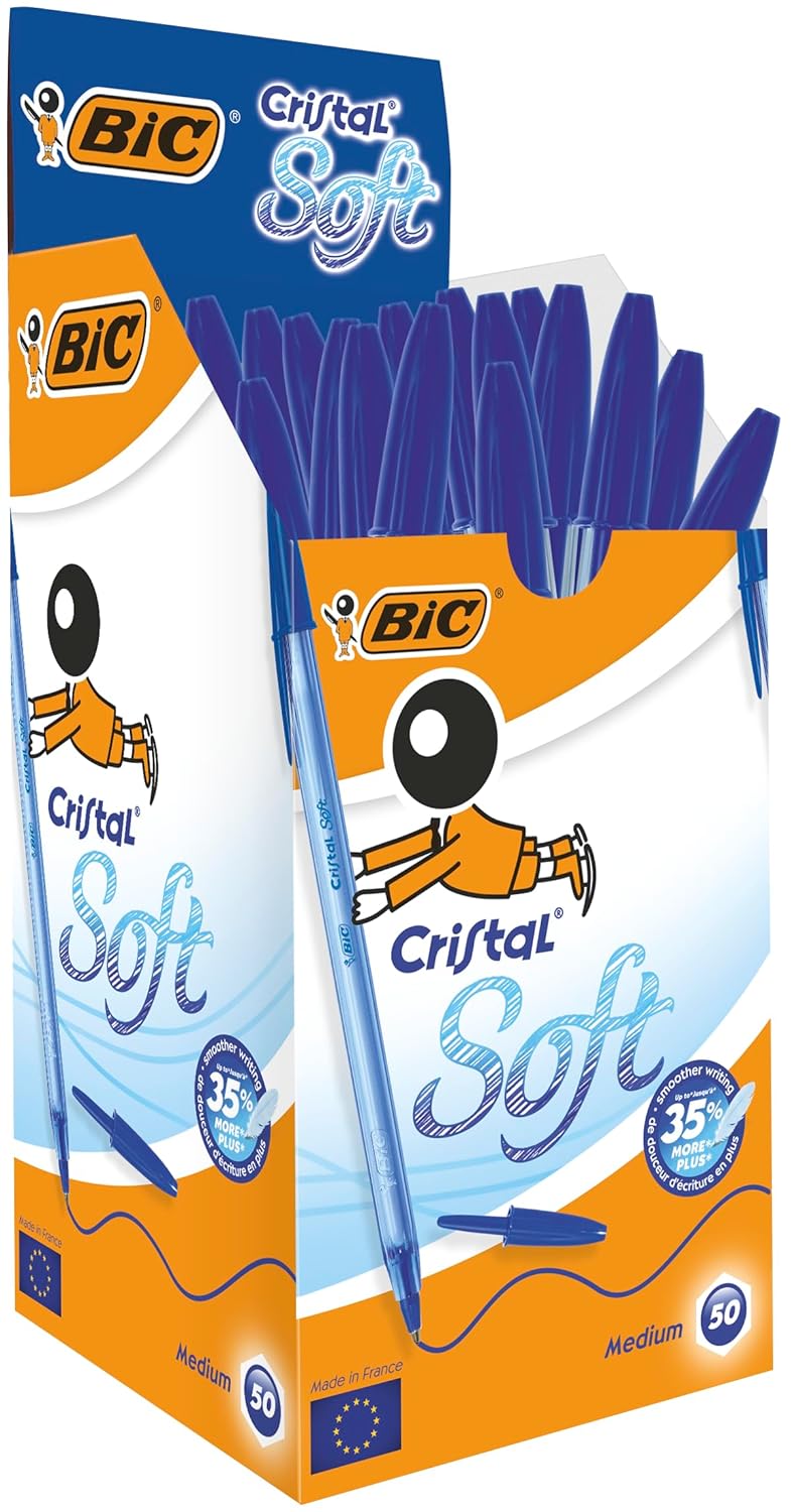 BIC Cristal Soft Stylos-Bille Pointe Moyenne (1,2 mm) - Écriture Douce et Fluide - Bleu, Boîte de 50 – Image 8