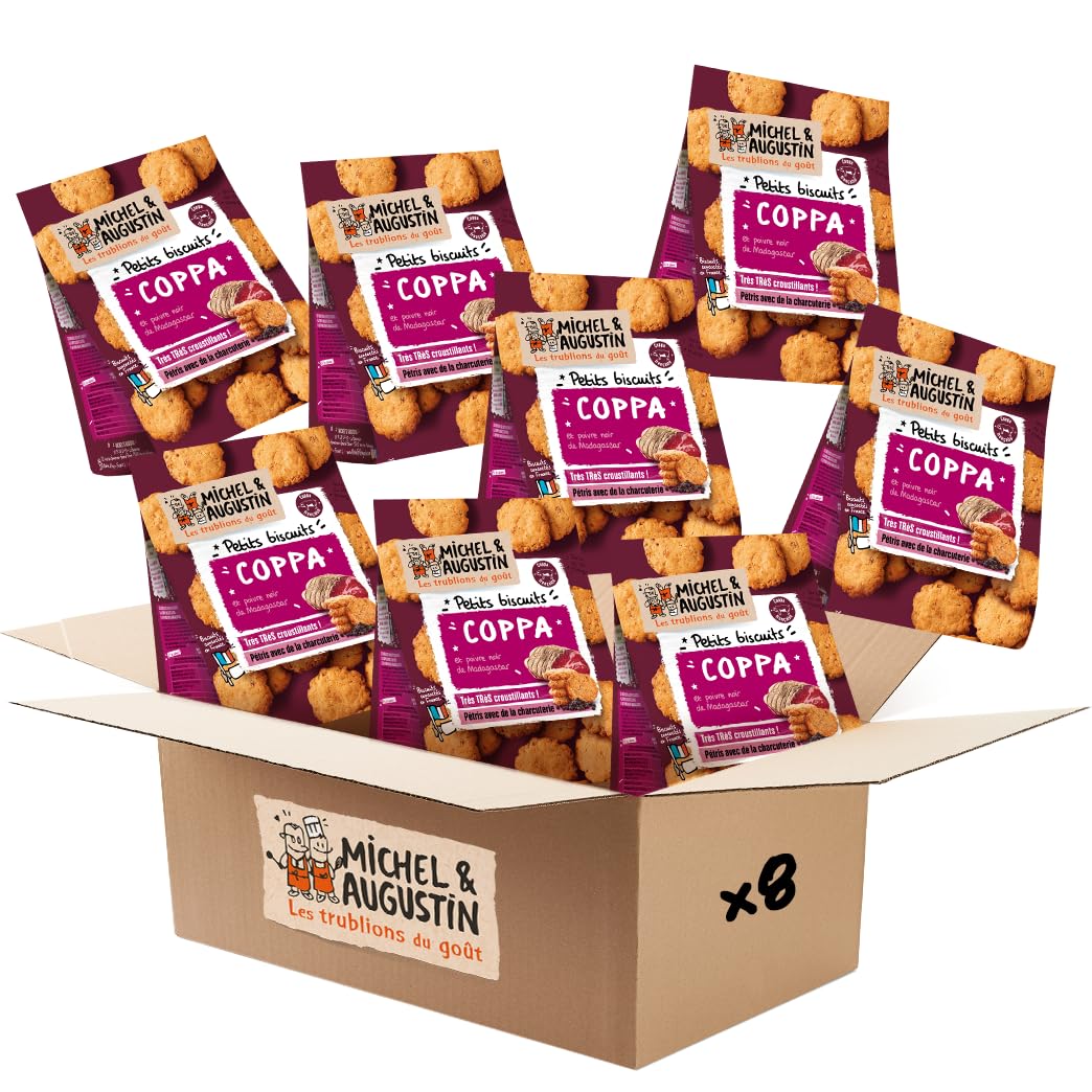 Michel & Augustin - Biscuits Apéritifs à la Coppa Corse et au Poivre Noir - Petits Biscuits Salés à la Charcuterie - 8 x 90g