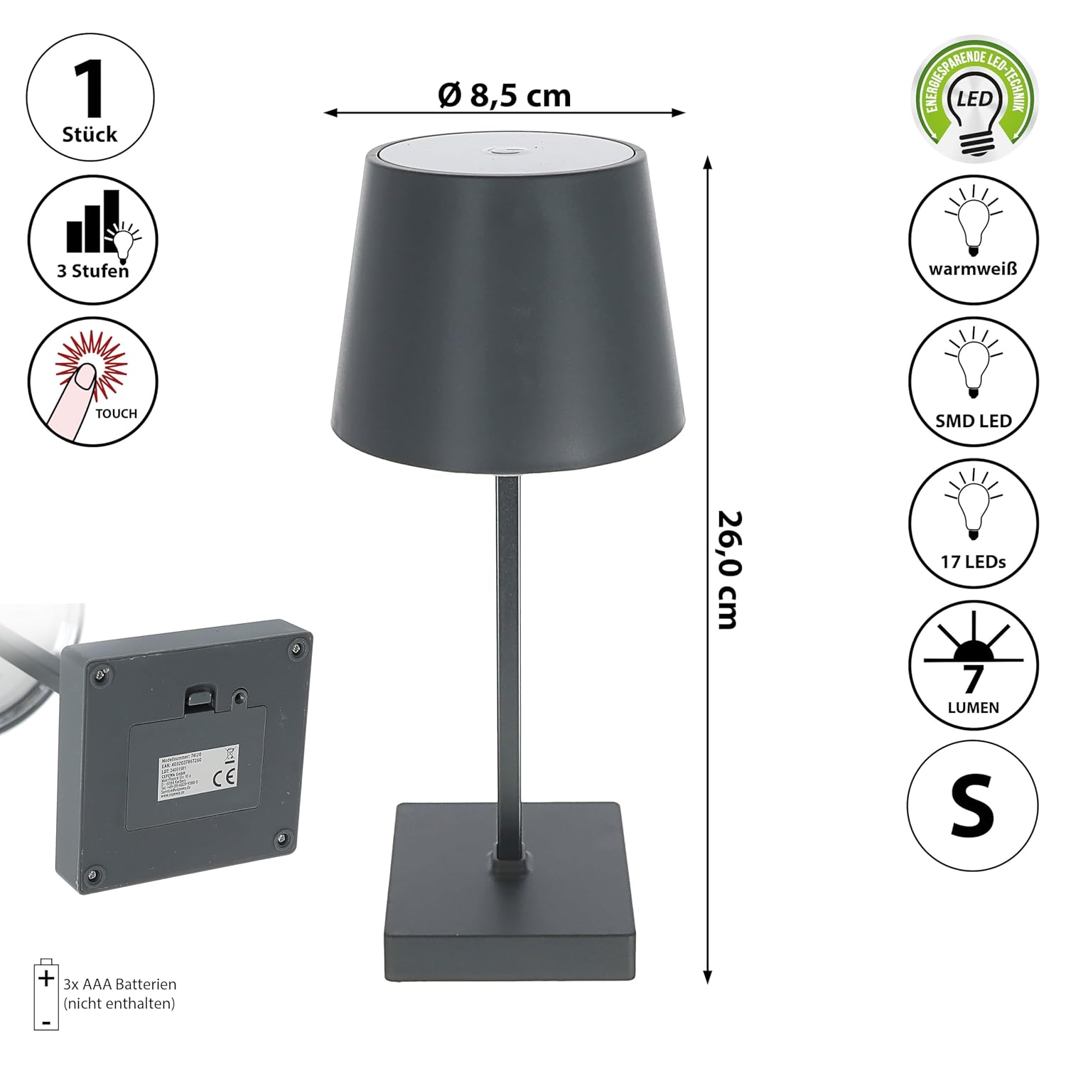 CEPEWA — Lampe de table LED tactile anthracite 26 cm – Image 2