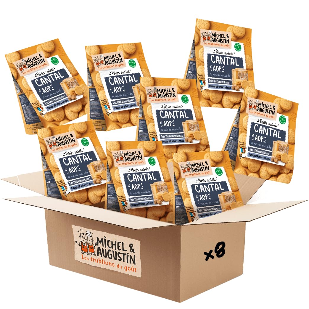 Michel & Augustin – Petits Sablés Salés au Cantal AOP et Noix de Muscade – Biscuits Apéritifs Gourmands – Fabriqués en France – 100g x 8
