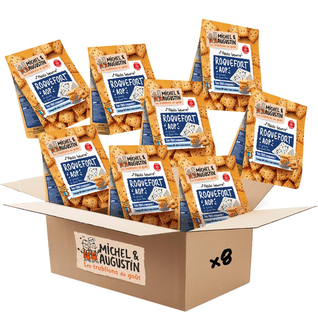 Michel & Augustin – Petits Beurre Salés au Roquefort AOP et Graines de Pavot Bleu – Biscuits Apéritifs Gourmands – Fabriqués en France – 100g x 8