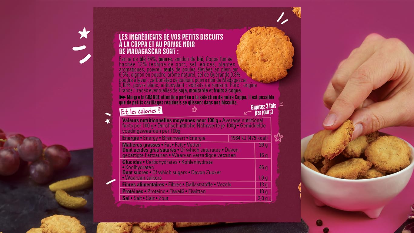 Michel & Augustin - Biscuits Apéritifs à la Coppa Corse et au Poivre Noir - Petits Biscuits Salés à la Charcuterie - 8 x 90g – Image 4